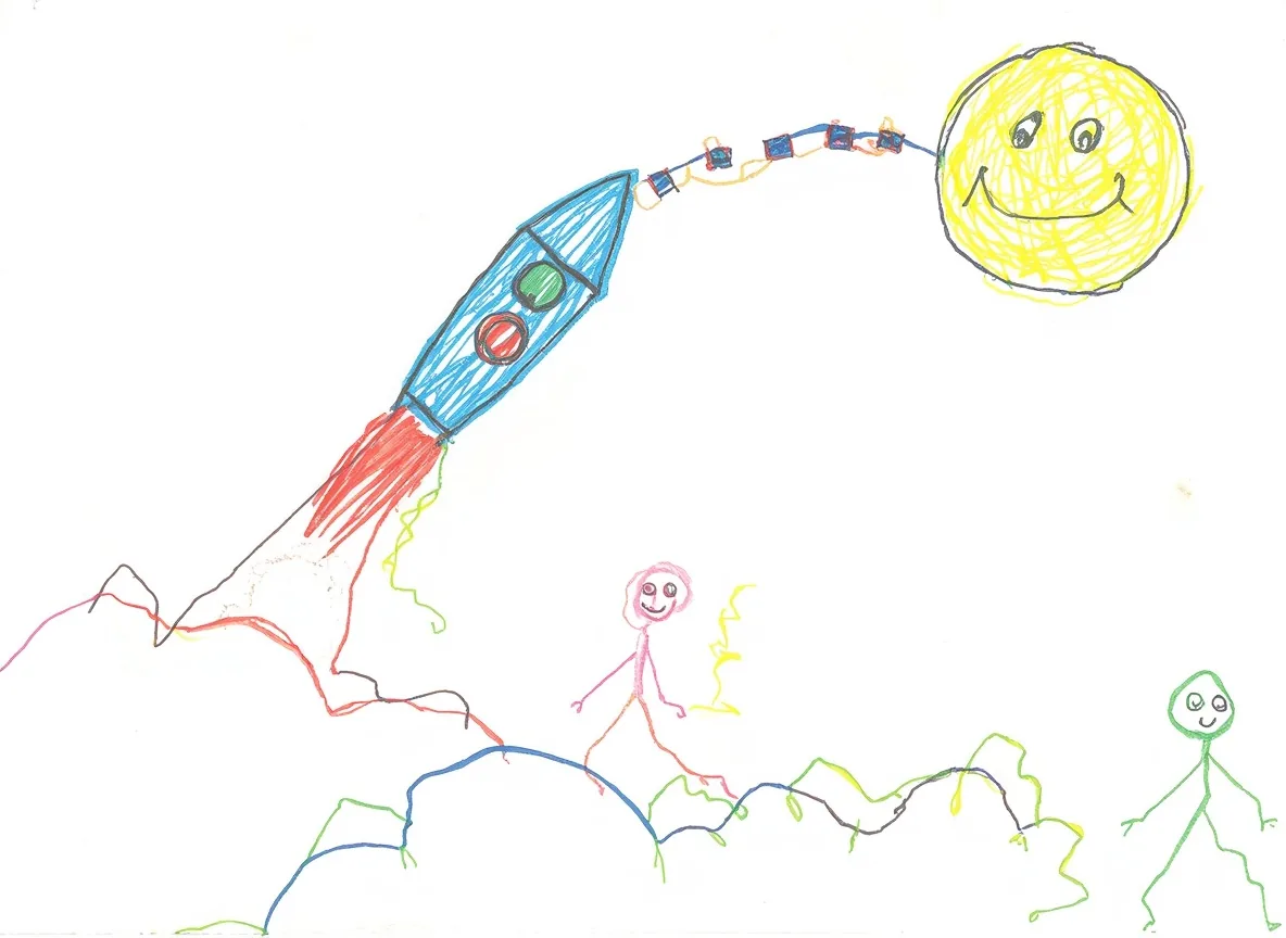 Dječji crtež rakete koja leti prema nasmijanom suncu